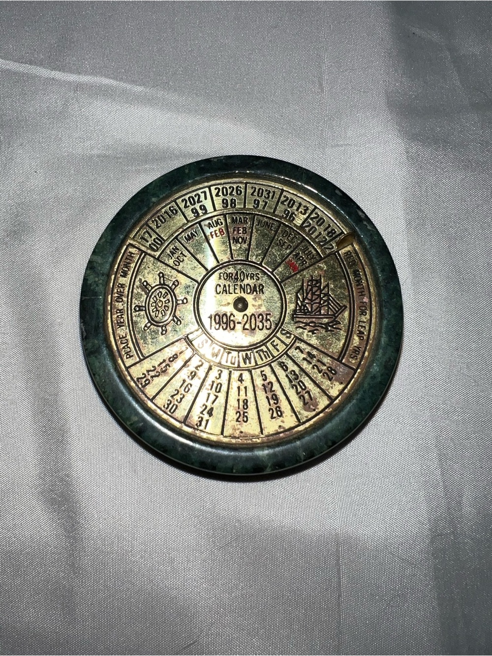 Vintage Brass-Accent Perpetual Calendar Wall Decor - Green